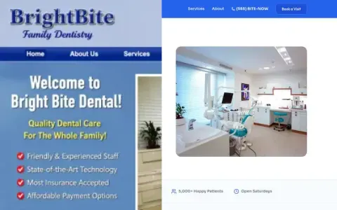 Preview of the older BrightBite Dental website beside the redesigned version.