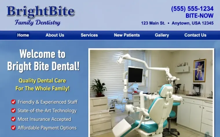 Older BrightBite Dental homepage with dense navigation, small text, and a small appointment button.
