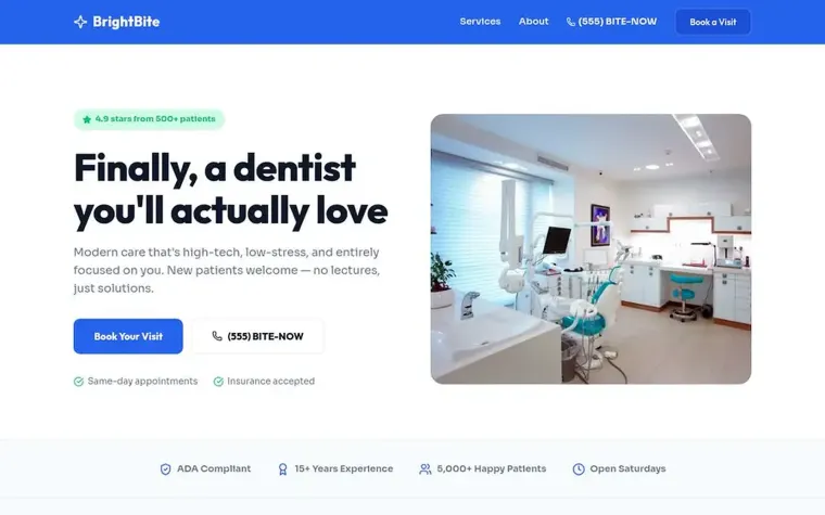 Redo Page version of the same dental website with a large emergency-dentist heading, shorter navigation, and an orange appointment button.